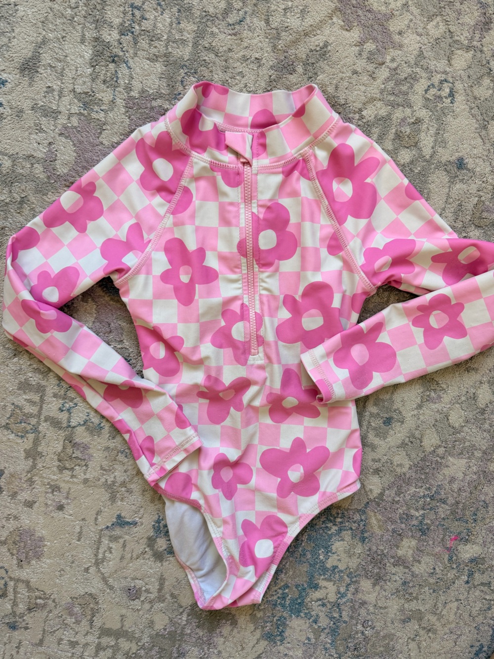 Kids Long Sleeve Pink Floral Check Rash Guard Swimsuit